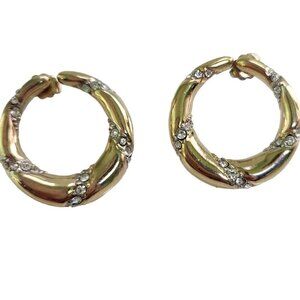 Vintage Goldtone Bezel Set Rhinestone Ribbons Stud Earrings